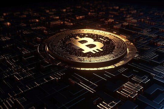 Bitcoin coin concept on black background over city. Generative AI