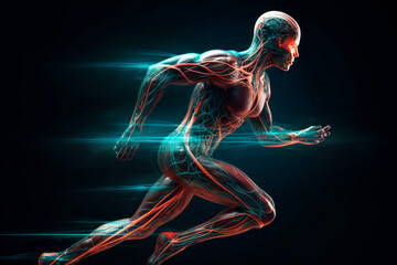 Futuristic man with glowing anatomy is running in motion through dark cyberspace background. Concepts of artificial intelligence, neural connections.