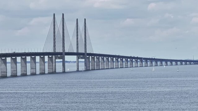 Panoramic aerial close up view of Oresund bridge over the Baltic sea between Malmo city in Sweden and Copenhagen in Denmark.