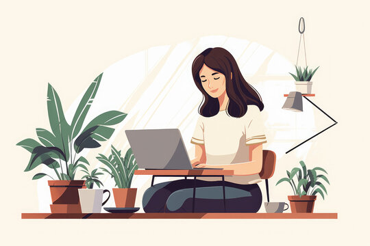 drawing of a woman working from home office, with her pets near her, ai generated.
