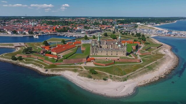 Aerial view of Kronborg castle with ramparts, ravelin guarding the entrance to the Baltic Sea and the Oresund in Helsingor Denmark