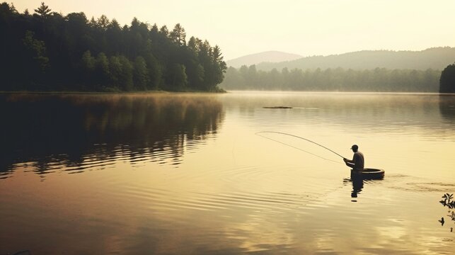 
A man fishes in an open river, a hobby of catching fish. Forest landscape. travel banner. Place for text.
Generative AI