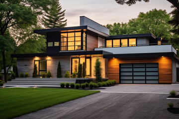 Obraz premium Luxurious Modern Dream Home Showcasing Sleek Minimalist Architecture and Breathtaking Landscape in High-Quality Architectural Photography