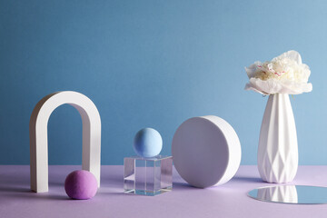 dimensional compositions of geometric shapes concept. transparent cube with circles and flower in...