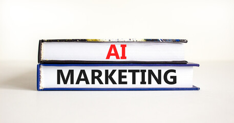 AI marketing symbol. Concept words AI artificial intelligence marketing on beautiful books. Beautiful white background. Business AI artificial intelligence marketing concept. Copy space.
