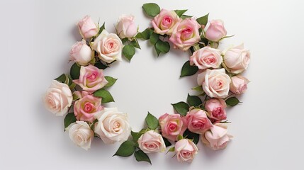 Obraz na płótnie Canvas Wreath of pink and white roses on white background, top view