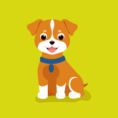Vector illustration in flat style, funny cartoon puppy with a blue collar.
