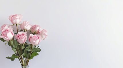 Pink roses in a glass vase on a white background with copy space