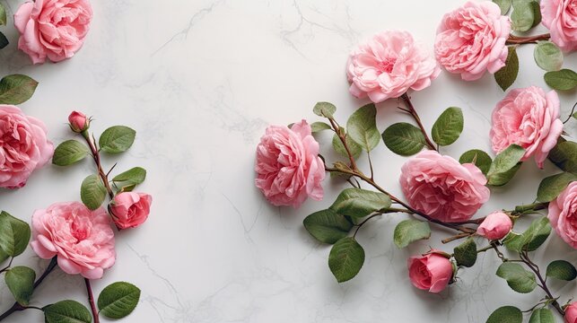 Flowers composition. Pink rose flowers on white marble background. Flat lay, top view, copy space