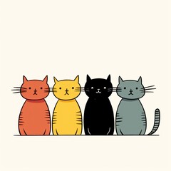 A minimalist design featuring four adorable cats in a row line
