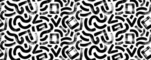Fototapeta premium Geometric seamless pattern with curved bold lines. Squares, stripes and curly lines. Hand drawn modern geometric shapes pattern. Chaotic ink brush scribbles decorative texture. Vector ink ornament.