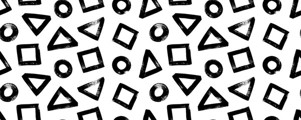 Geometric simple shapes seamless pattern. Black and white modern banner. Hand drawn bold geometric elements. Randomly scattered different shapes. Brush drawn circles, triangles and squares.