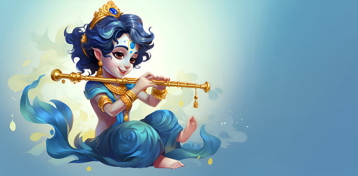 Krishna playing the flute, blue background, Generative AI