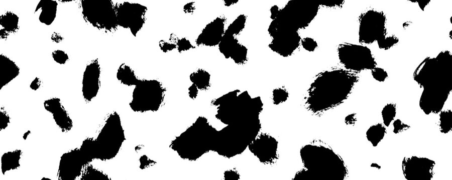 Black random spots vector seamless pattern. Brush irregular black smears, seamless horizontal banner. Spotted cow or dalmatian skin ornament. Irregular abstract texture with hand drawn spots