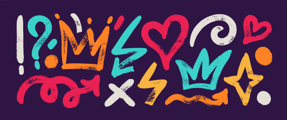 Collection of multi colored brush drawn symbols: hearts, crowns, arrows, crosses, swirls and dots with dry brush texture. Exclamation and question marks. Bold graffiti style colorful vector shapes. - obrazy, fototapety, plakaty