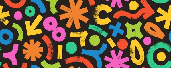 Multi colored abstract geometric doodle shapes seamless pattern. Banner background with bold brush drawn strokes, wavy lines, circles and dots, arrows, asterisks. Various doodle grunge shapes.