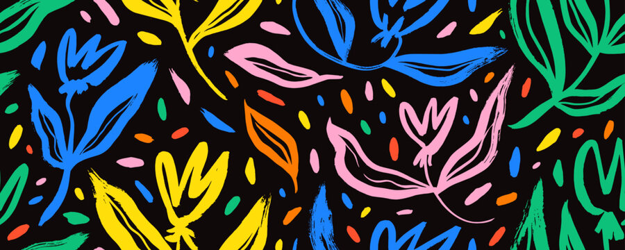 Vector seamless floral colorful pattern on a black background. Brush drawn tulip flowers with leaves and dots. Folk and childish style drawing. Modern exotic spring design. Fashionable summer banner.