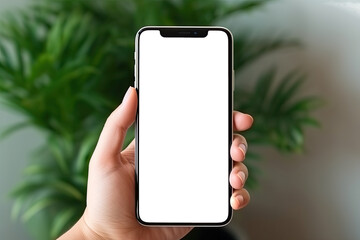 A close up of a hand holding a modern smart phone , smart phone screen is blank  Advertising  mobile applications , Mockup blank template illustration, Isolated PNG.