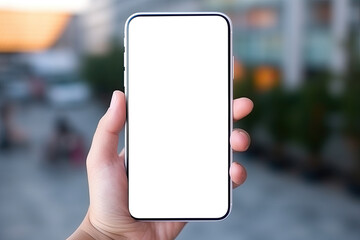 A close up of a hand holding a modern smart phone , smart phone screen is blank  Advertising  mobile applications , Mockup blank template illustration, Isolated PNG.