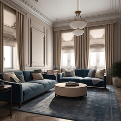 The interior design of the modern living room with beige and blue sofas generative ai