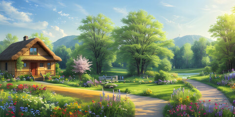 Fototapeta na wymiar Panorama summer village assortment blooming flowers with green foliage of trees. Wonderful place environment. Fantasy Realistic Environment