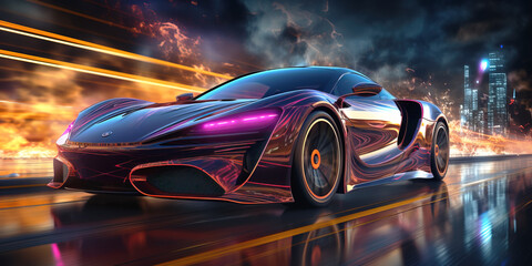 Futuristic Sports Car On Neon Highway. Powerful acceleration of a supercar with colorful lights...