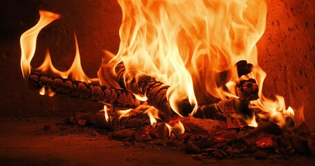 Closeup shot of fire wood burning in the oven. Traditional Italian pizzeria. Authentic Italian oven. The original pizza oven with flame inside