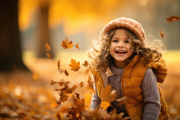 Adorable happy little girl playing with maple leaves in autumn park