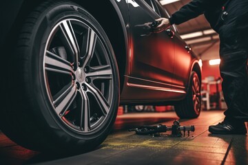 Fototapeta na wymiar A mechanic stands next to a raised car and checks the tire pressure using a pressure gauge. AI generated
