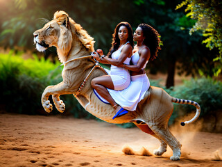 Obraz na płótnie Canvas Two beautiful tanned women riding a huge lion. Generative AI