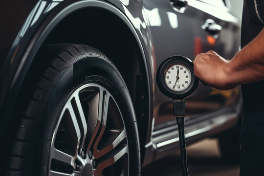 A mechanic stands next to a raised car and checks the tire pressure using a pressure gauge. AI generated