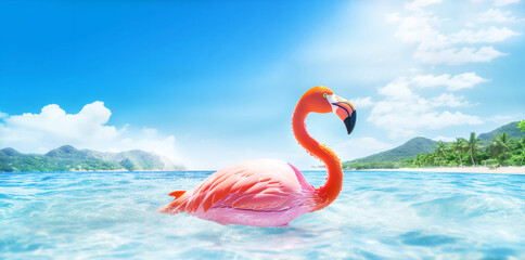 Flamingo inflatable toy riding the waves of the sea. Family vacation on coast. Summer colorful background. Generative Ai content.