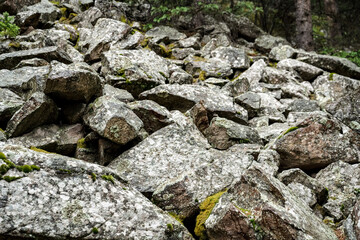 Fototapeta na wymiar Mountain rocks with moss and green pine trees