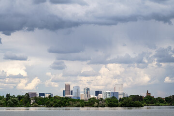 Denver skyline with water and clouds