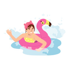 Children beach activities and fun. Little girl swimming in sea on flamingo swimming circle, relax outdoors. Adorable child having fun on holidays Flat vector illustration isolated on white background
