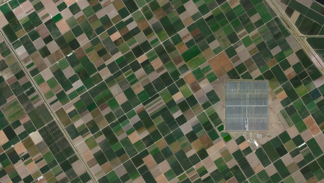 colorful fields and solar power plant bird's eye view, land consolidation and cultivated fields looking down aerial view from above Lebrija, Spain