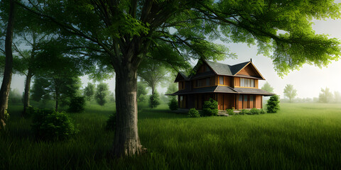 Fototapeta na wymiar Scenic environment with a house in the green forest with foggy misty view