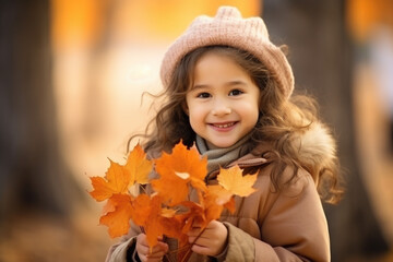 Naklejka na ściany i meble Adorable happy little girl holding maple leaves in autumn park