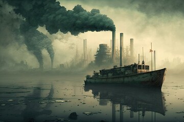 Fototapeta premium Foggy industrial landscape with old ship and smoking chimneys