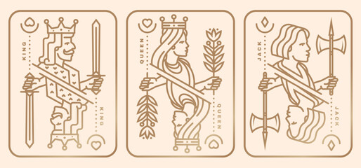 Set of playing card king, queen, jack. Vector illustration. Esoteric, magic Royal playing card king, queen, jack design collection. Line art minimalist style - 623881633