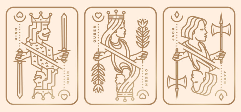 Set of playing card king, queen, jack. Vector illustration. Esoteric, magic Royal playing card king, queen, jack design collection. Line art minimalist style