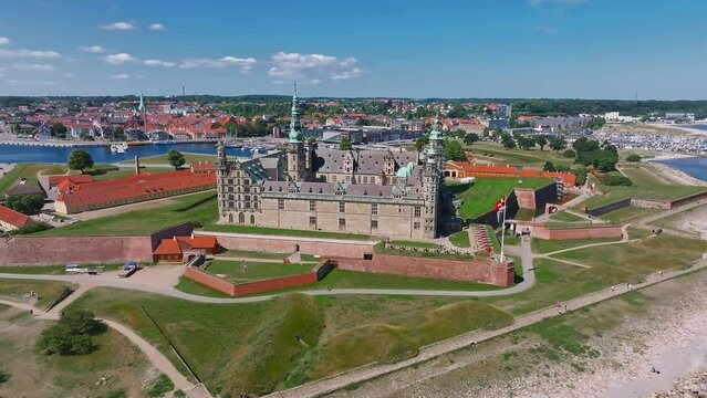 Aerial view of Kronborg castle with ramparts, ravelin guarding the entrance to the Baltic Sea and the Oresund in Helsingor Denmark
