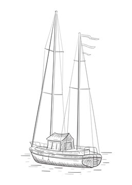 Hand drawn black and white image of a sail boat.