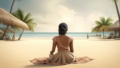 Fototapeta premium East asian woman on the beach with copy space