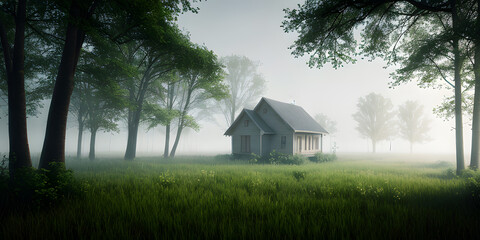 Obraz premium Trees landscape background with view a house misty in the forest