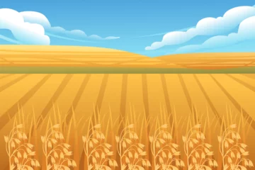 Poster Rural landscape with wheat fields and green hills with blue clear sky on background vector illustration © An-Maler