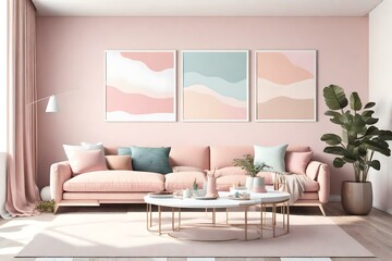 Step into a living room interior that exudes elegance and creativity, featuring an empty wall with a horizontal poster mockup. Ai generated