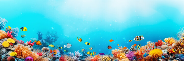 Fototapeta na wymiar Colourful tropical sea fish swimming over coral reef, wide banner with copy space above. Generative AI