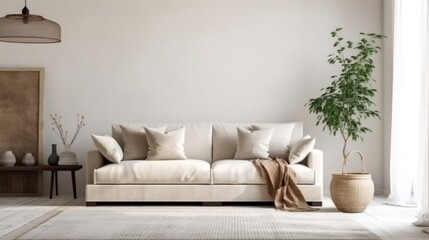 Fototapeta na wymiar The rustic interior design of the modern living room with beige fabric sofa and cushions generative ai