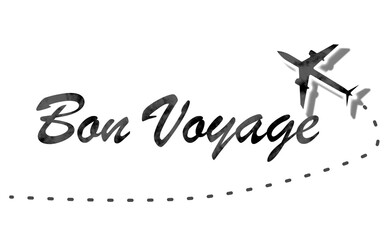 Bon Voyage text with black airplane. Lettering bon voyage word. - obrazy, fototapety, plakaty